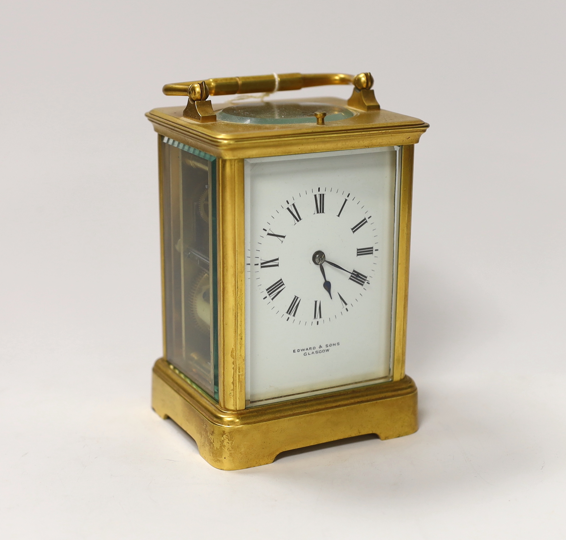 A gilt brass carriage clock with repeater, the dial inscribed Edward & Sons Glasgow, 18cm high